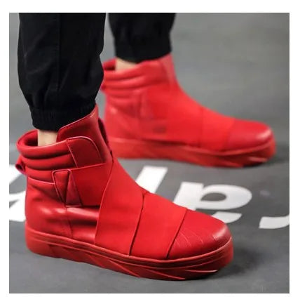 Fashion Pleated Leather Mens Casual Shoes Spring Autumn New High Top Men Boots Ankle Mens Boots Zipper Casual Footwear white