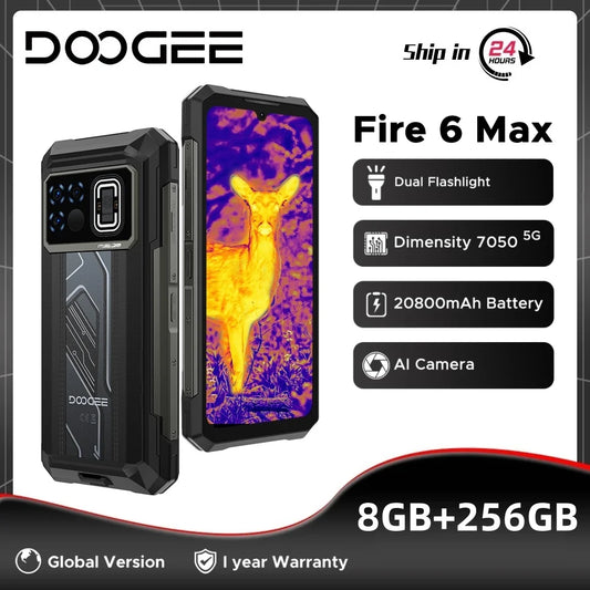 Global Version DOOGEE Fire 6 Max 5G Rugged Phone Thermal imaging 6.72" FHD+ 120Hz IPS Flashlight Dimensity 7050 20800mAh Battery
