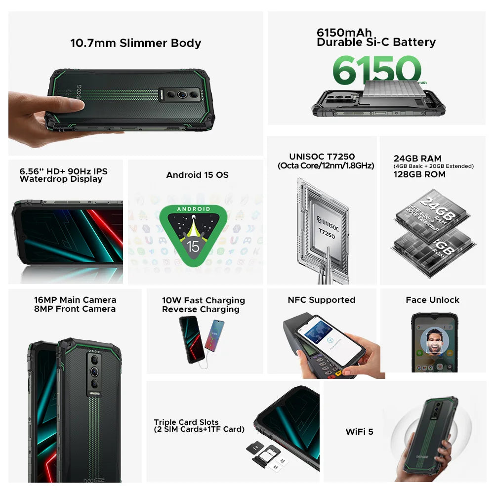 Global Version DOOGEE Blade10 Energy Rugged Phone Ultra-thin Android 15 6150mAh Battery 6.56'' Screen Widevine L1 Smartphone