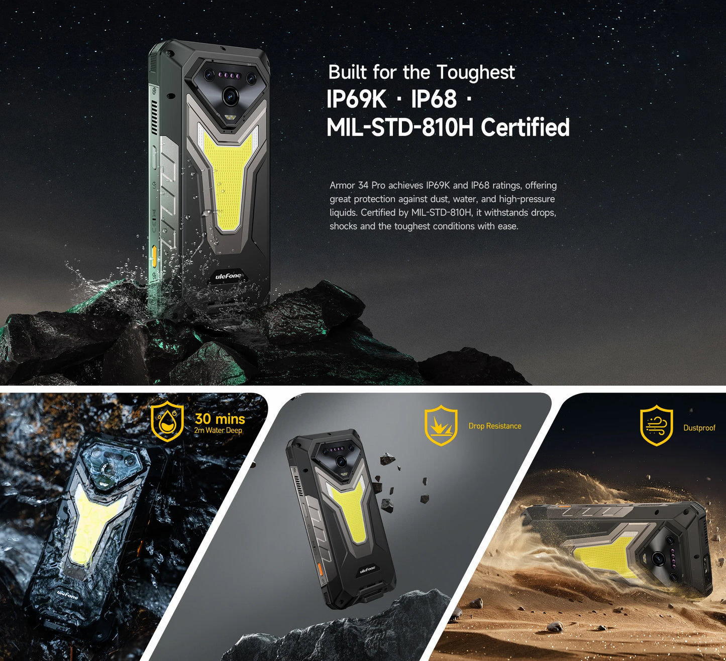 【Ships from US】Ulefone Armor 34 Pro 5G AI Rugged Phone 25500mAh Up to 32GB+512GB Built-in Projector 120Hz 6.95" NFC Smartphone