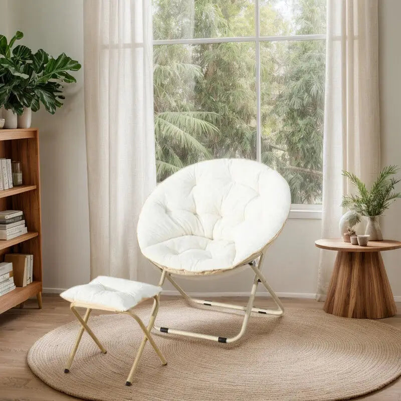 Comfortable Faux Fur Saucer Chair Round Folding Lounge Chair Living Room Flexible Seating for Adults Big Moon Shape Decorative