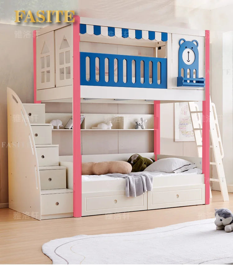 Children's bunk wooden bed Girl with wide and high guardrail with slide Small apartment Castle treehouse bed