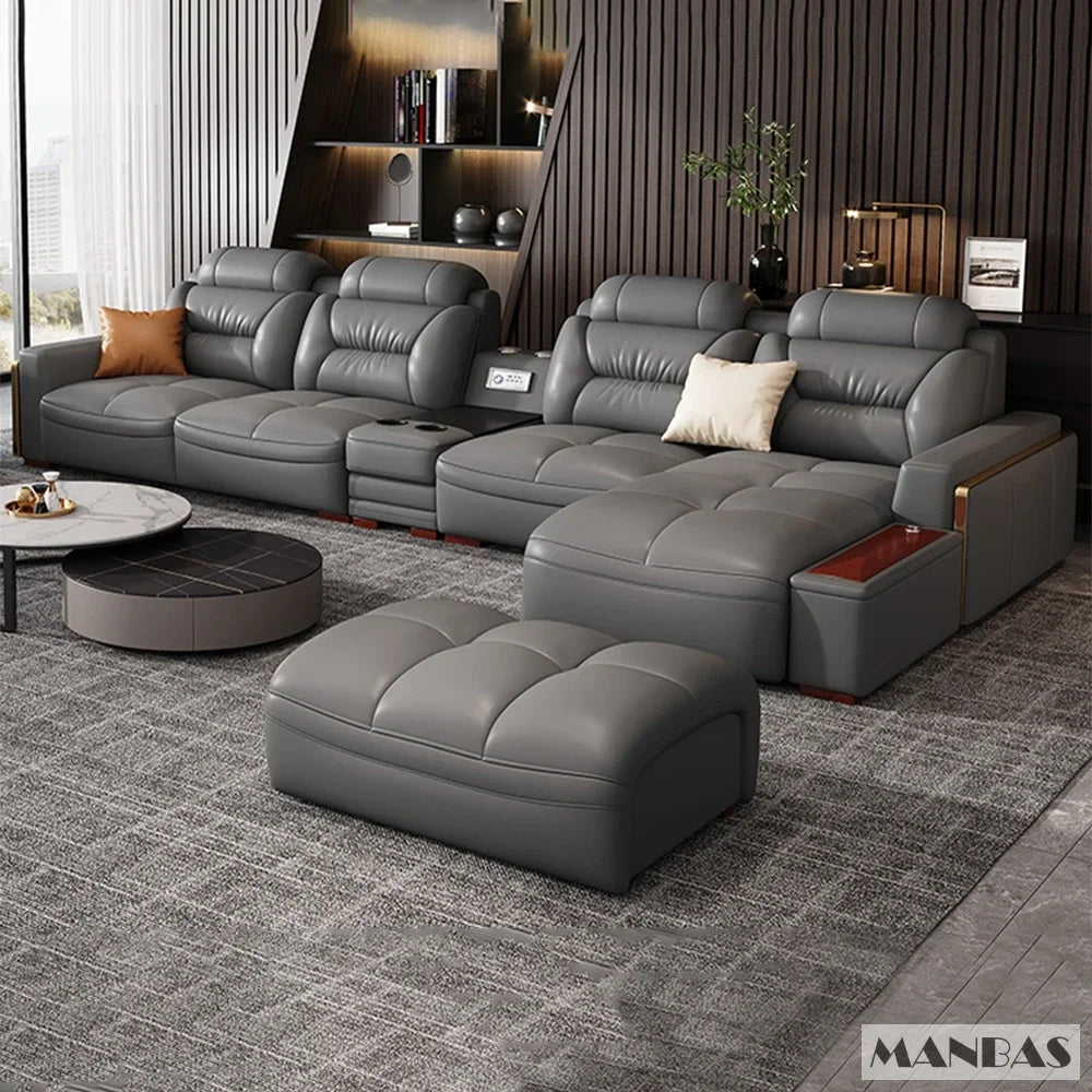 Linlamlim Modern Genuine Leather Sectional Sofa Set with Chaise Lounge– Upholstered Modular Couch with USB and Bluetooth Speaker