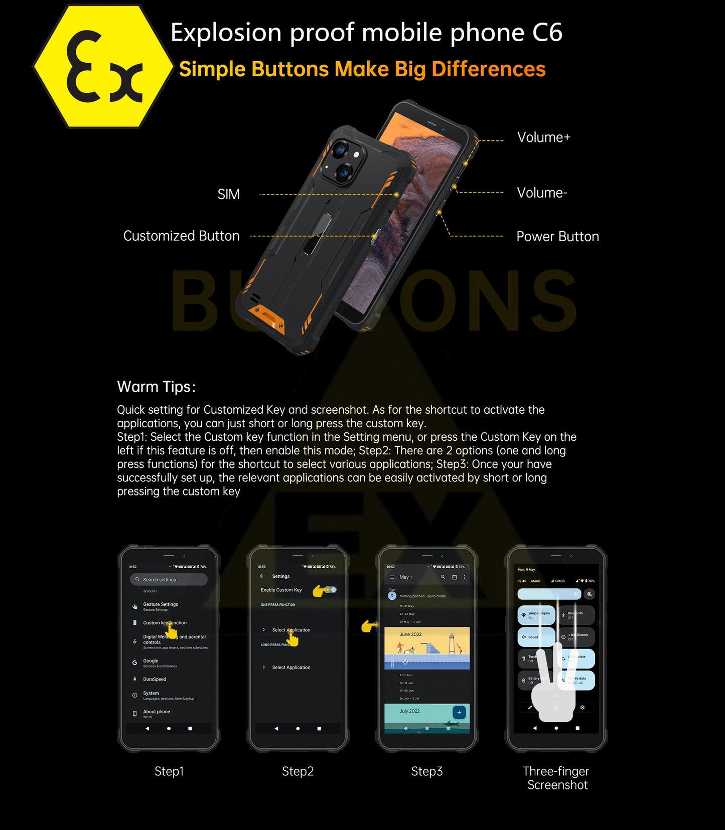 CEMU Ex-C6-Smartphone Android 14 octa core, 4 G/6 G + 5,93HD/128 GB, 256GB,6300mAh, Waterproof and explosion-proof mobile phone