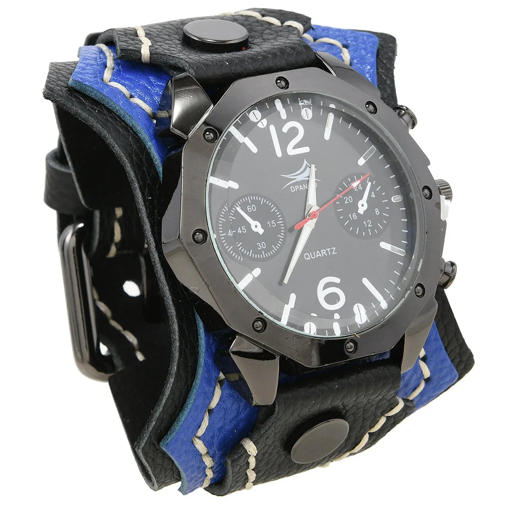 Punk Vintage Men's Multi Layer Hand Stitched Cowhide Leather Strap Large Dial Watch
