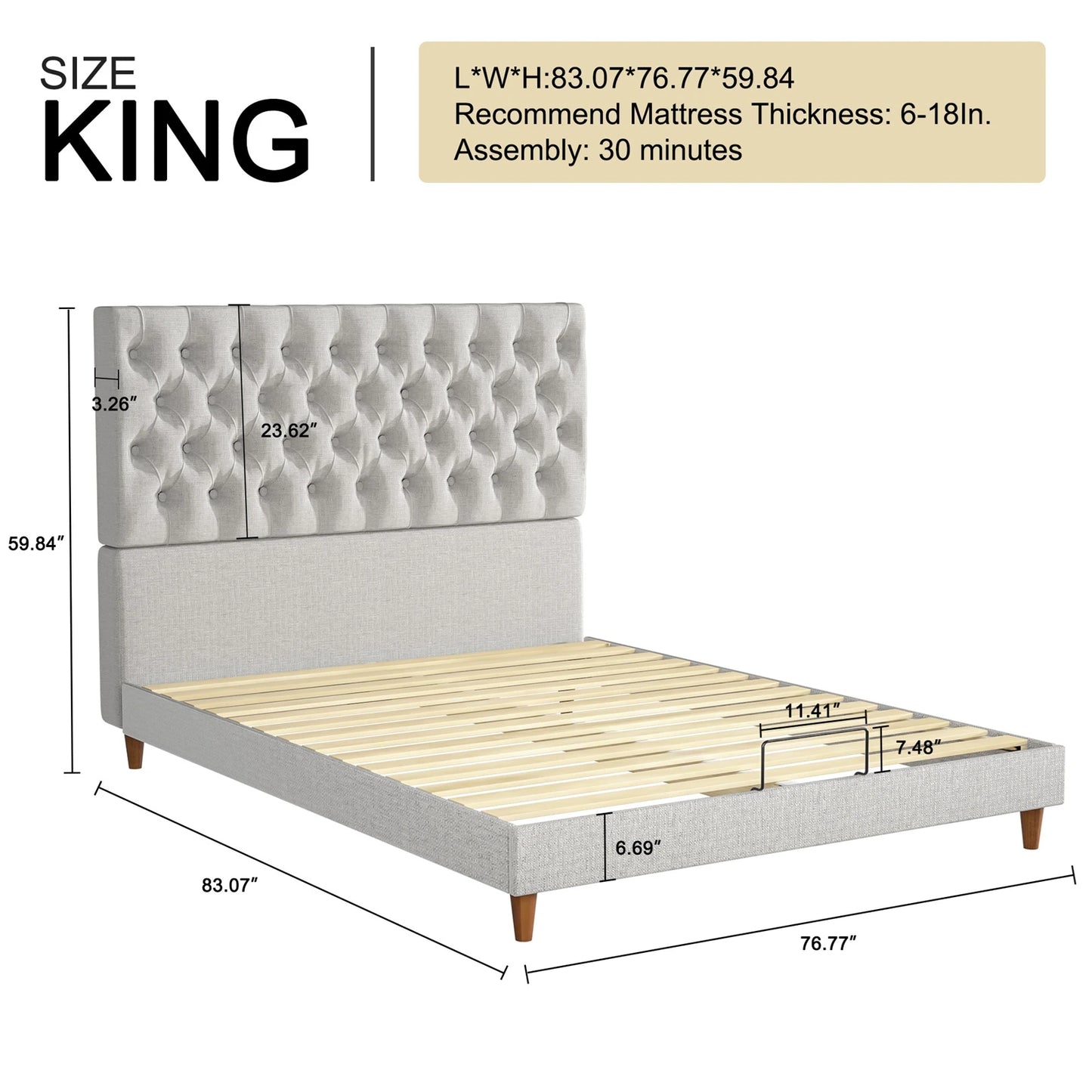 Upholstered Bed Sturdy Frame Easy Assembly Modern High Back Headboard Bed High Stability for Bedroom