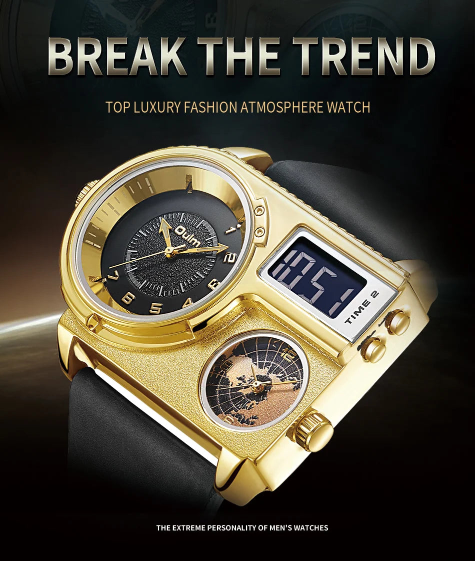 Oulm 5026 Watch Dual Display Two Time Zone Quartz Male Big Wristwatch Men's Genuine Leather Watches