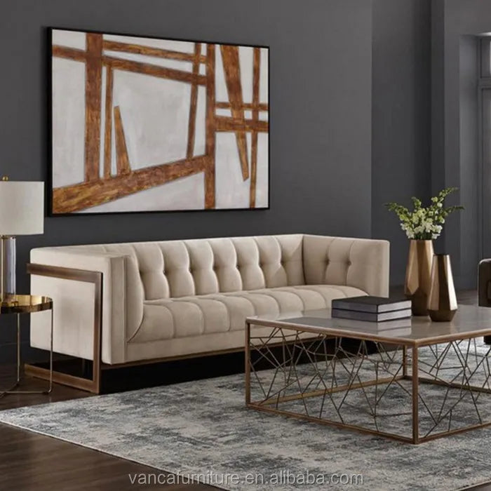 European Style modern Grey Velvet Hotel Living room U shape Sofa 2 seater with gold frame