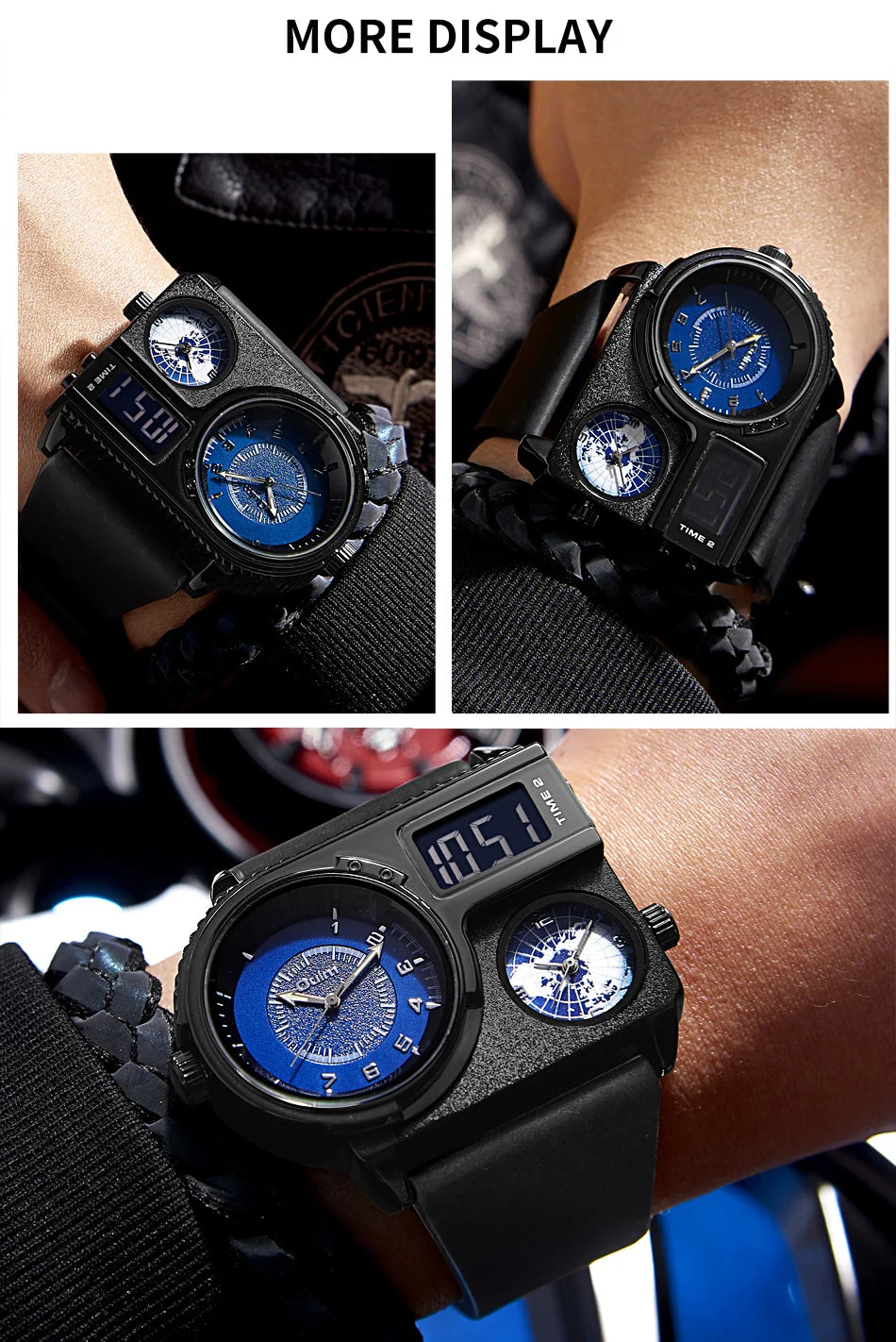 Oulm 5026 Watch Dual Display Two Time Zone Quartz Male Big Wristwatch Men's Genuine Leather Watches