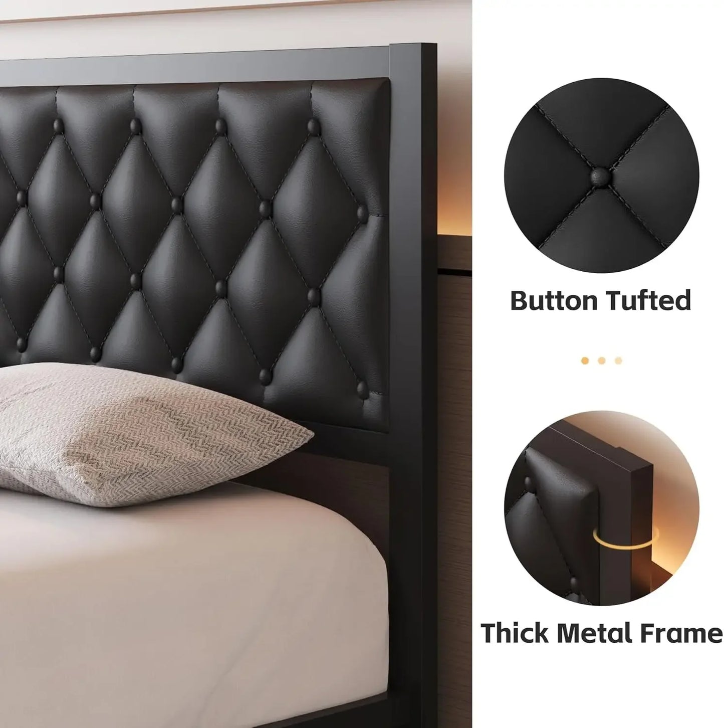 Full Size Bed Frame with Storage Space and PU Leather Upholstered Bed Frame Platform, Easy Assembly, No Box Spring Needed