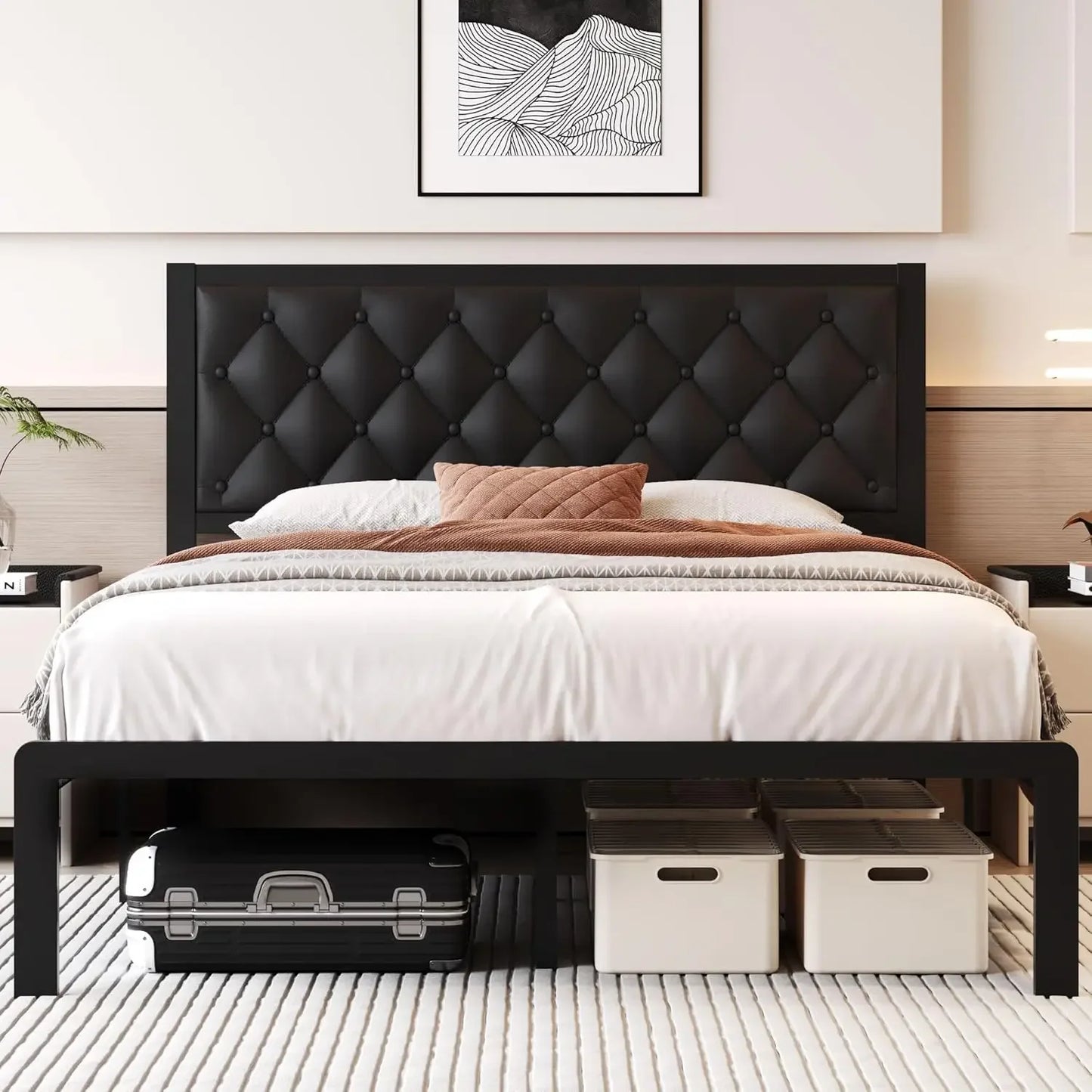 Full Size Bed Frame with Storage Space and PU Leather Upholstered Bed Frame Platform, Easy Assembly, No Box Spring Needed