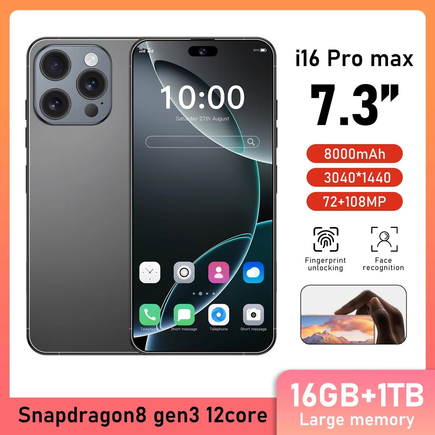 New i16 Pro Max original intelligent 5G dual card dual standby Android 14 system global version phones 8000mAh battery