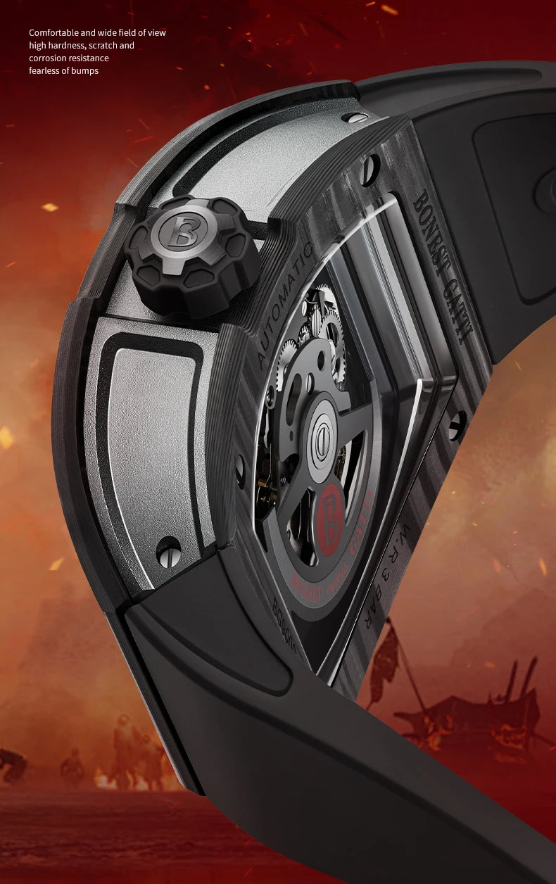 BONEST GATTI Fashion Automatic Movement Wristwatch Skeleton Luminous Big Dial Sapphire Glass Mechanical Watches for Men