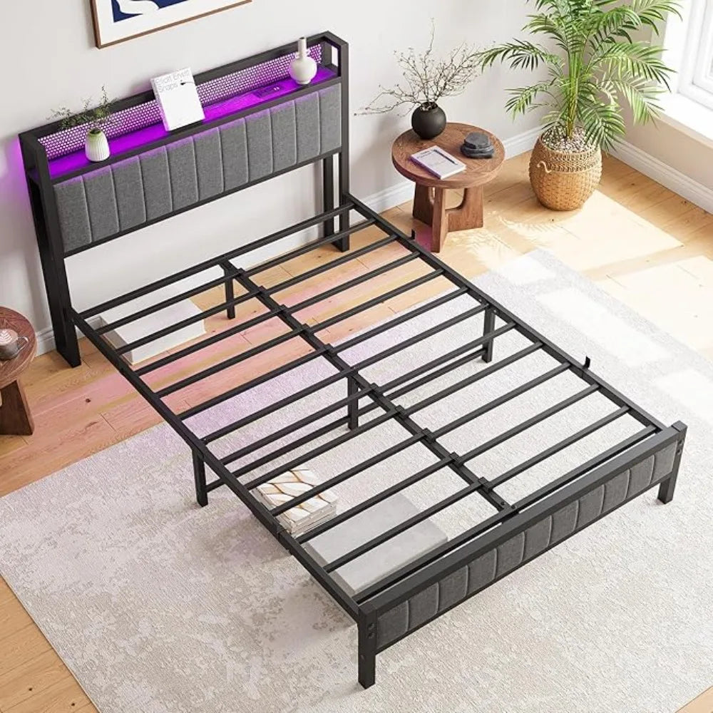 LED Bed Frame with Storage Headboard & Charging Station, No Box Spring Needed Heavy Duty Metal Upholstered Platform Bed Frame