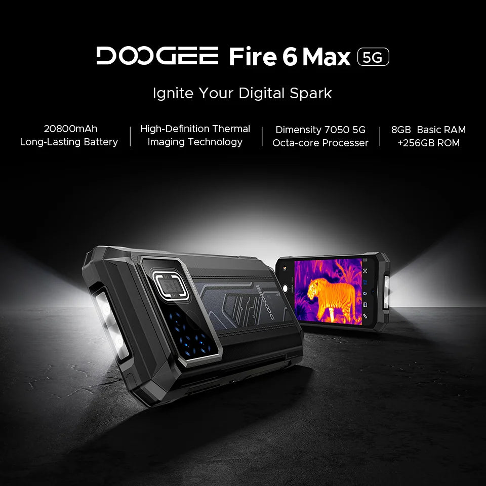 Global Version DOOGEE Fire 6 Max 5G Rugged Phone Thermal imaging 6.72" FHD+ 120Hz IPS Flashlight Dimensity 7050 20800mAh Battery
