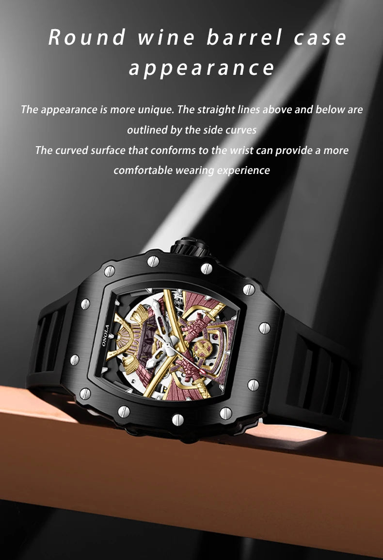 ONOLA 3865 Automatic Mechanical Tonneau Watch For Men Luxury Cool Watch Large Dial Silicone Men Watch reloj automático hombre