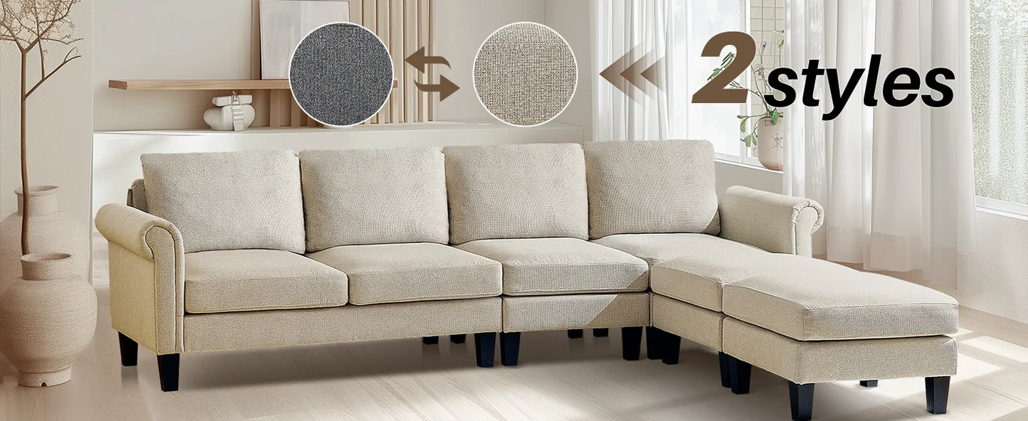 Redlife 108" Sectional Sofa w/ Chaise Living Room Sofa Convertible 4 Seat L-Shape Sofa Set Fabric Sectional Couch w/ Two Ottoman
