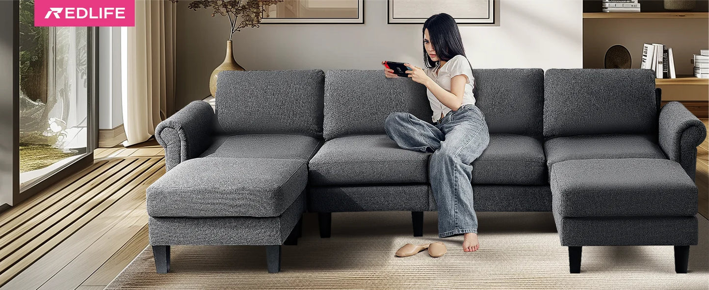 Redlife 108" Sectional Sofa w/ Chaise Living Room Sofa Convertible 4 Seat L-Shape Sofa Set Fabric Sectional Couch w/ Two Ottoman