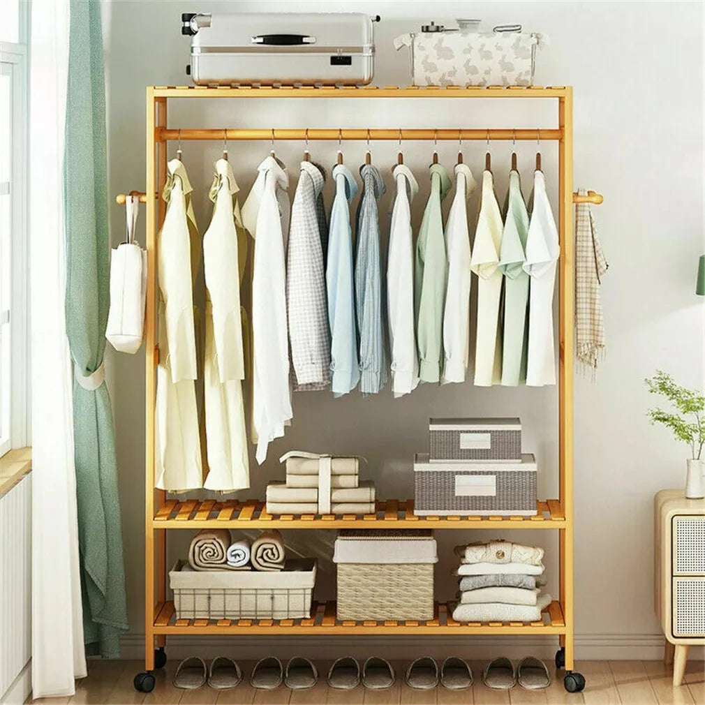Bamboo Garment Rack with Wheels, Clothing Rack for Hanging Clothes with Hooks, Multi-functional Bedroom Clothes Rack