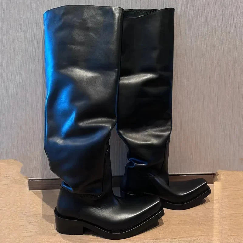 Black Riding Boots for Women Men Square Toe Chunky Platform Over The Knee High Boots Pleated Loose Tube Long Boots Slip On