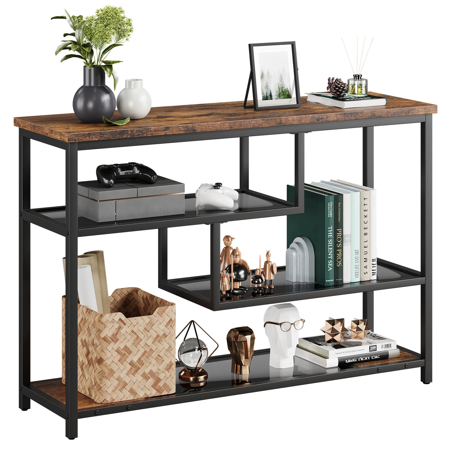 Console Table, 4-Tier Sofa Tables Narrow Entryway Table with Glass Shelf & Metal Frame, 39.4" Behind Couch Table for Living Room
