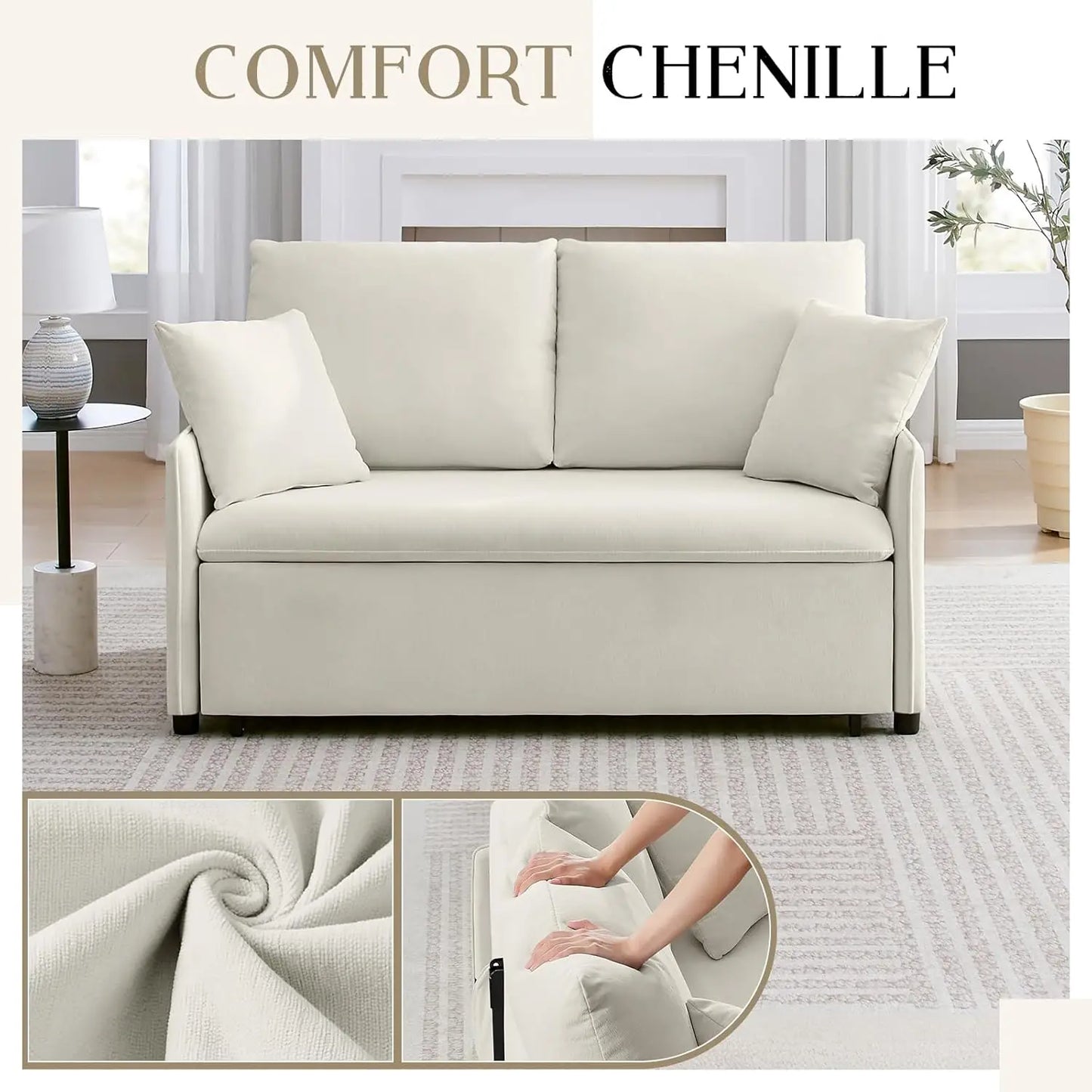 55“ Sofa Bed, 2 in 1 Sleeper Sofa with Detachable Chenille Cover, Easy to Assemble, Recliner Lounge, Comfy Futon