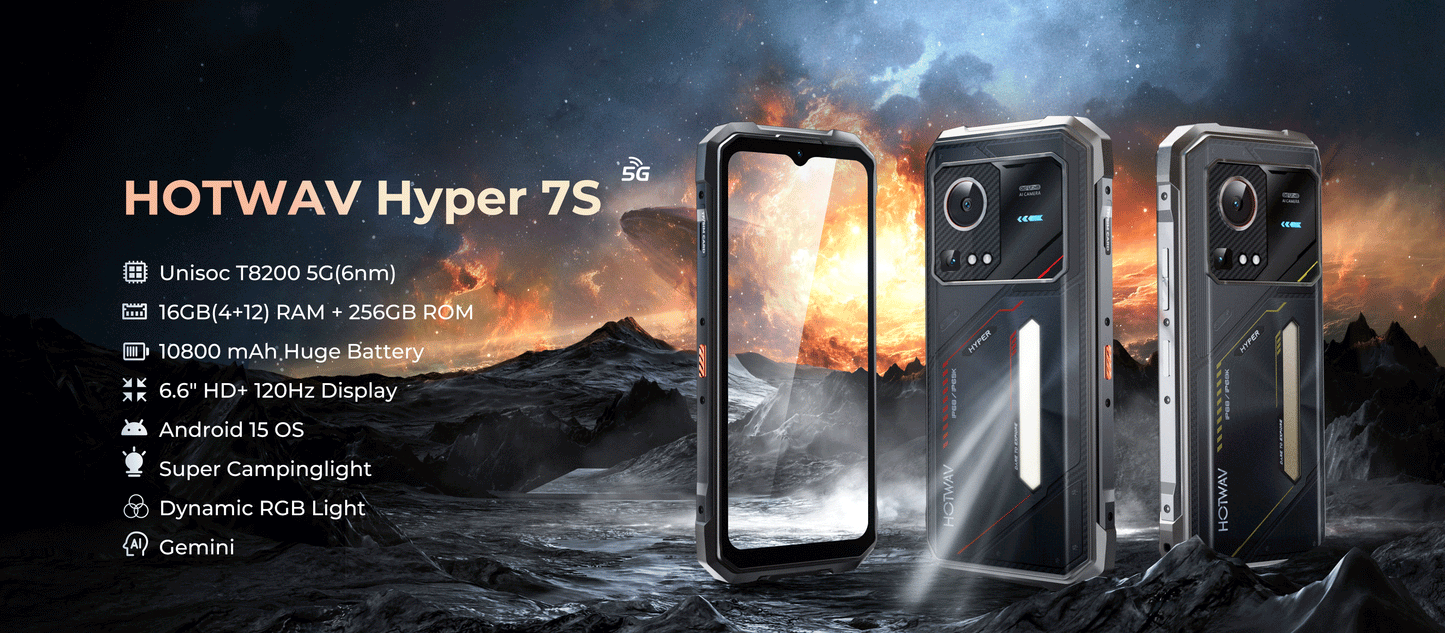 HOTWAV Hyper 7S Rugged Phone Android 15 10800mAh 20W Mobile Phone 5G Global Version 4GB 256GB Smartphone 6.6'' 120Hz Cellphone