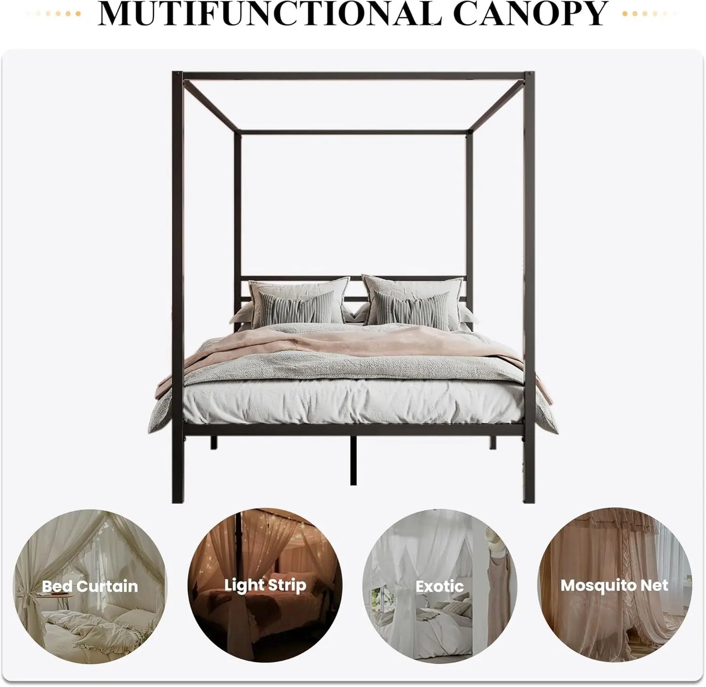 Canopy Bed Frame Full Size/Mattress Foundation with Metal Slats Support/No Box Spring Needed/Easy Assembly/Black