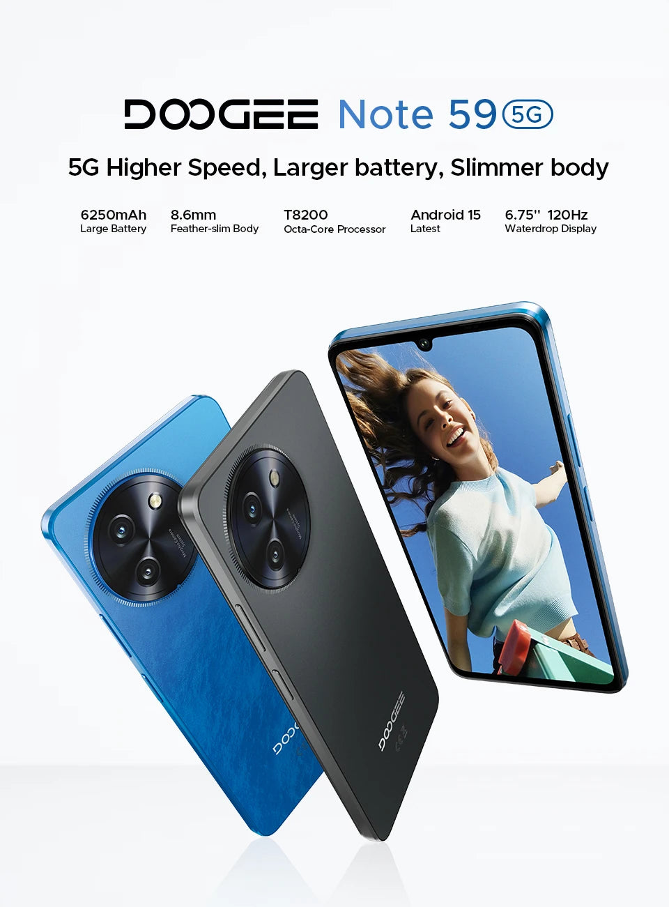 Global Version DOOGEE Note 59 5G 32GB(8+24) 128GB 6.75" 120Hz 6250mAh Large Battery UNISOC T8200 Octa Core Android 15 NFC