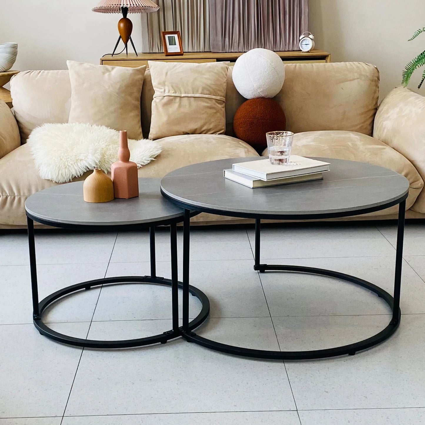 Modern Nesting Round Grey Marble Top Coffee Table Set Sintered Stone Table Metal Legs Home Furniture
