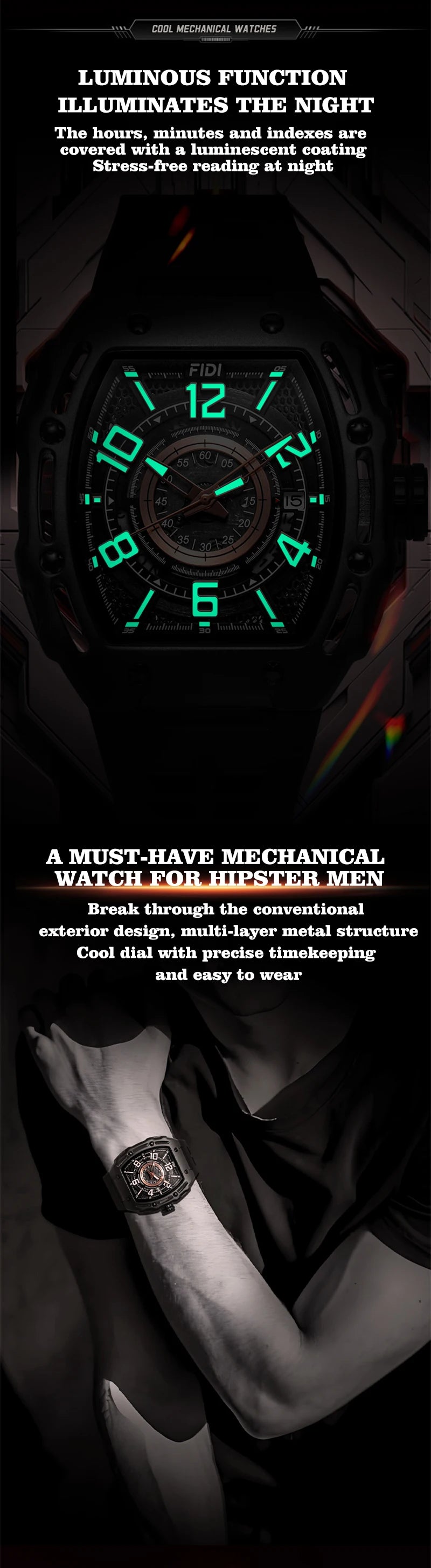 FIDI Luxury Men's Mechanical Watch Hollow Dial Tourbillon Square Case Fashionable Business Sport Waterproof Automatic Watches