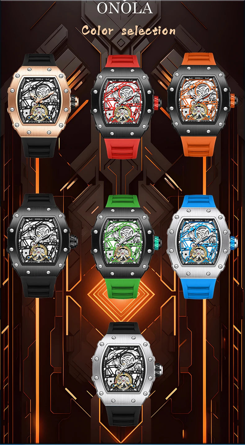 ONOLA 3854 Luxury Automatic Mechanical Silicone Watch Tourbillon Hollow Skeleton Men's Watches reloj automático de hombre