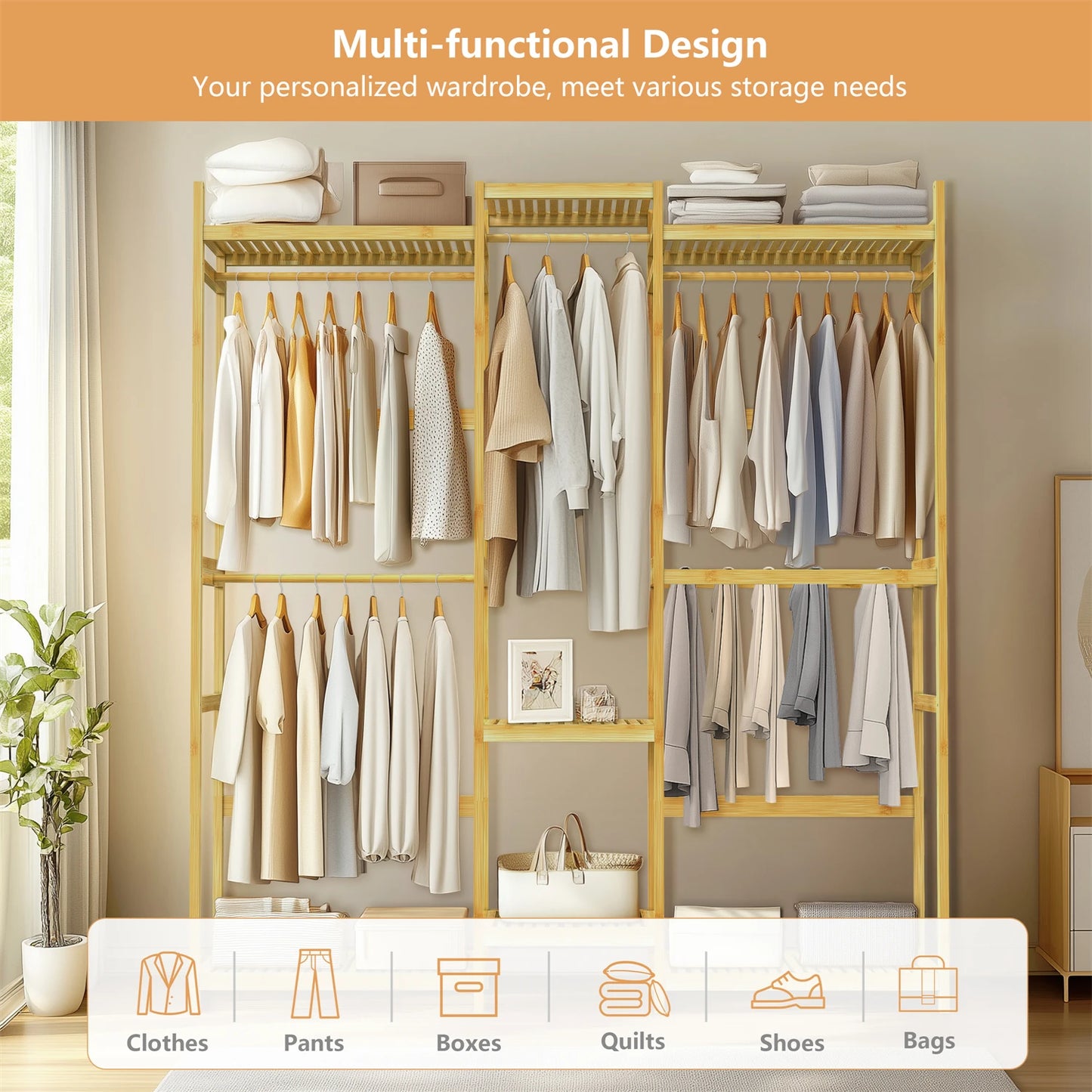 196cm Tall Bamboo Garment Rack Freestanding Clothing Stand Hanging Rod with Shelves Open Wardrobe Organizer for Bedroom Closet