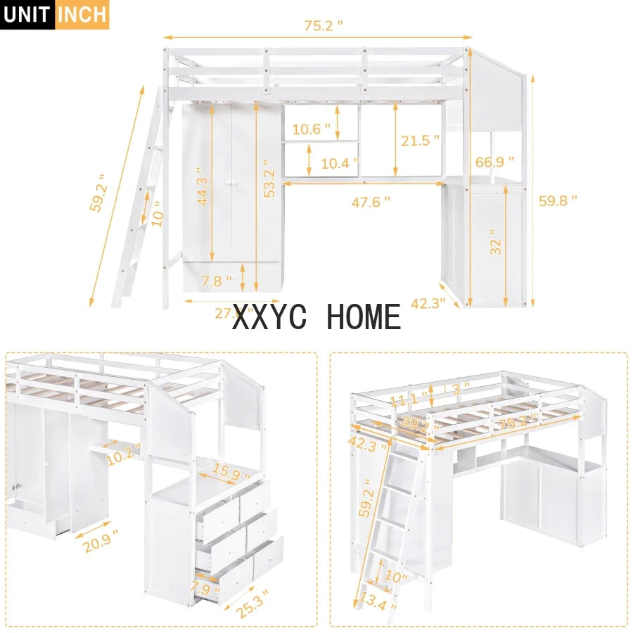 Cama tipo Loft para niños, mueble de tamaño doble con 1 armario y 7 cajones, escritorio adjunto con estantes, versátil,