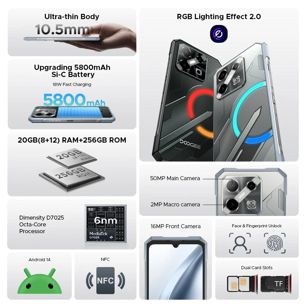 Global Version DOOGEE Blade GT Play Rugged Phone 20(8+12)GB 256GB 6.72” FHD+ 120Hz LED Light Effect Dimensity 7025 50MP Camera