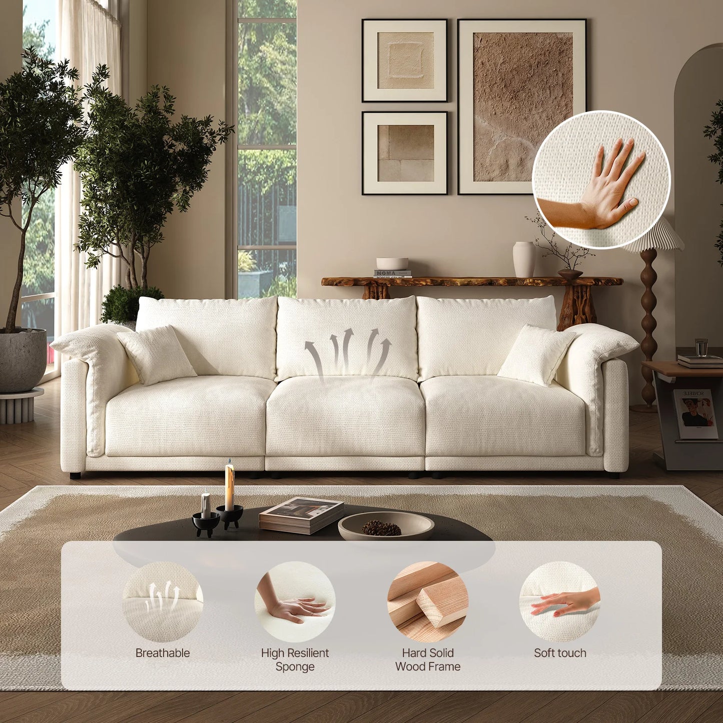 98.5" Cloud Modular Sectional Sofa Minimalist 3-Seats Sofa Couch Convertible Couch Deep Seat Couches for Living Room Sofa Sets