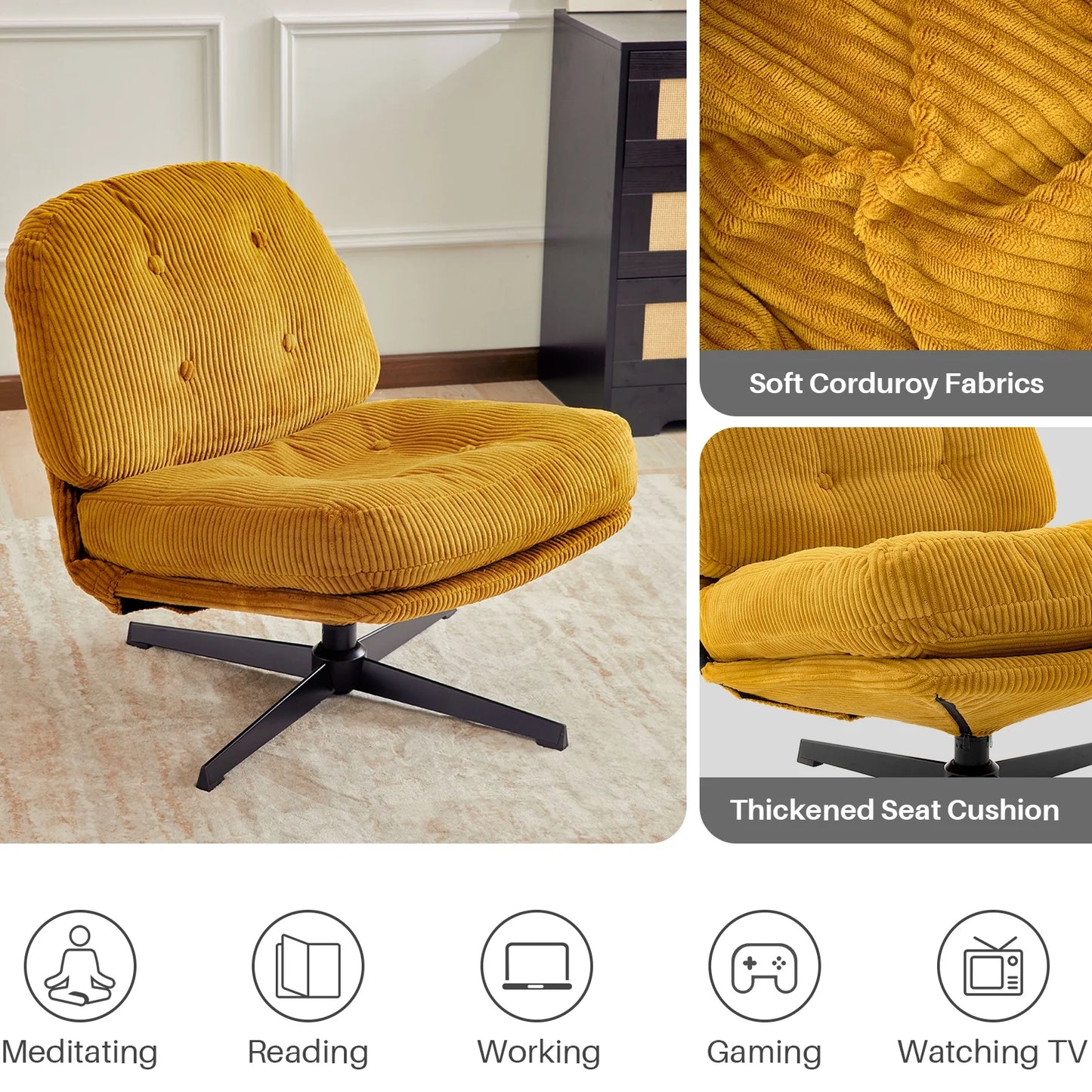 Redlife Modern Foldable Accent Chair 360° Swivel Tufted Lazy Chair Upholstered Lounge Chair w/ Thickened Cushion for Living Room