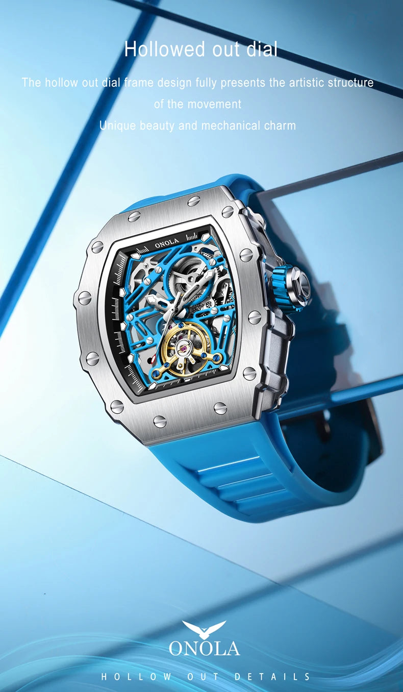 ONOLA 3854 Luxury Automatic Mechanical Silicone Watch Tourbillon Hollow Skeleton Men's Watches reloj automático de hombre