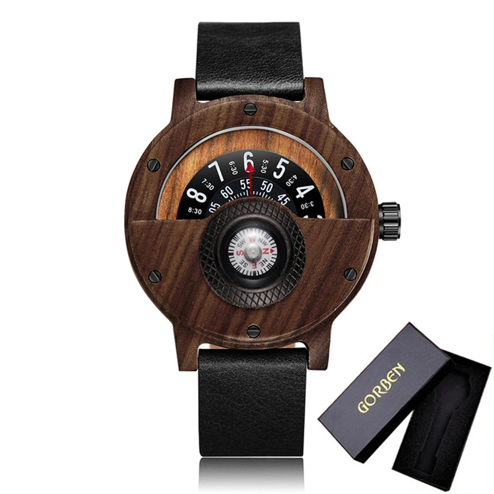 Fashion Wood Watch Men Turntable Compass Man Watch Vintage Wooden Watches Men's Male Wristwatch Clock Luxury relógio masculino
