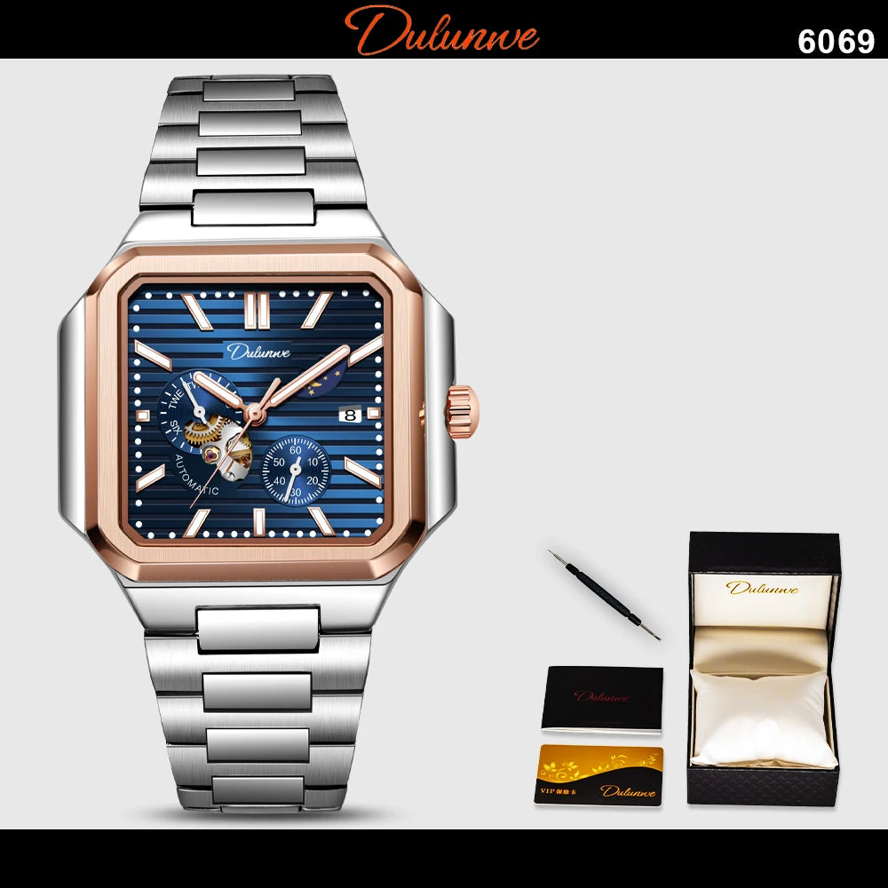 Dulunwe Fashion Men's Watch Automatic Mechanical Multi-function Small Dial Square Design 30M Waterproof Top Brand Wristwatches