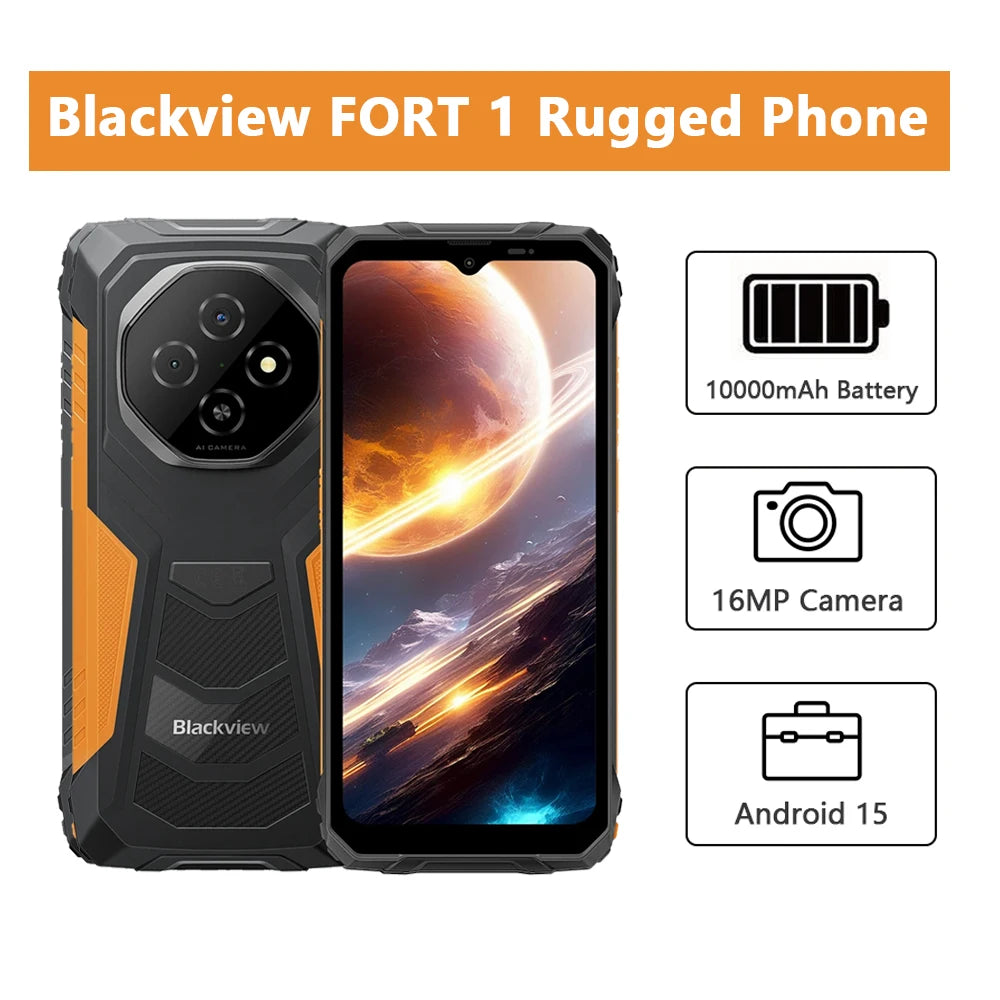 Blackview FORT 1 Rugged Smartphones Android 15 Unisoc T615 6.56 Inch HD+ Display 8GB RAM 256GB ROM 10000mAh Mobile Phone NFC