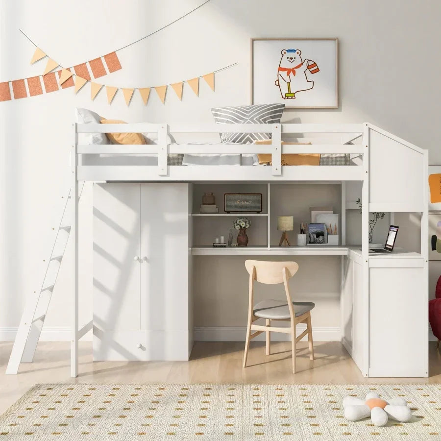 Cama tipo Loft para niños, mueble de tamaño doble con 1 armario y 7 cajones, escritorio adjunto con estantes, versátil,