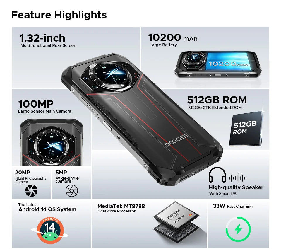 Global Version DOOGEE S119 Rugged Phone 6.72" FHD+ IPS Screen 8GB+512GB 100MP Main Camera 10200mAh battery 33W Android 14 NFC