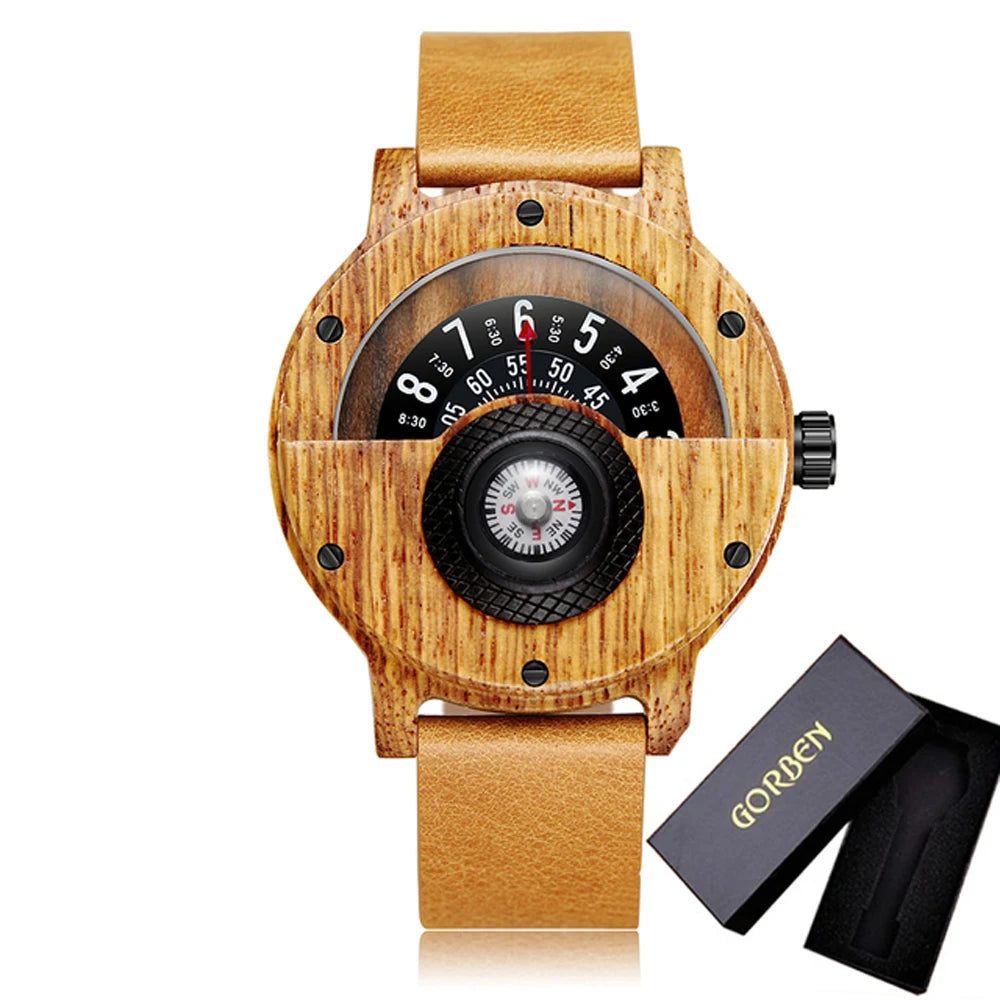 Fashion Wood Watch Men Turntable Compass Man Watch Vintage Wooden Watches Men's Male Wristwatch Clock Luxury relógio masculino