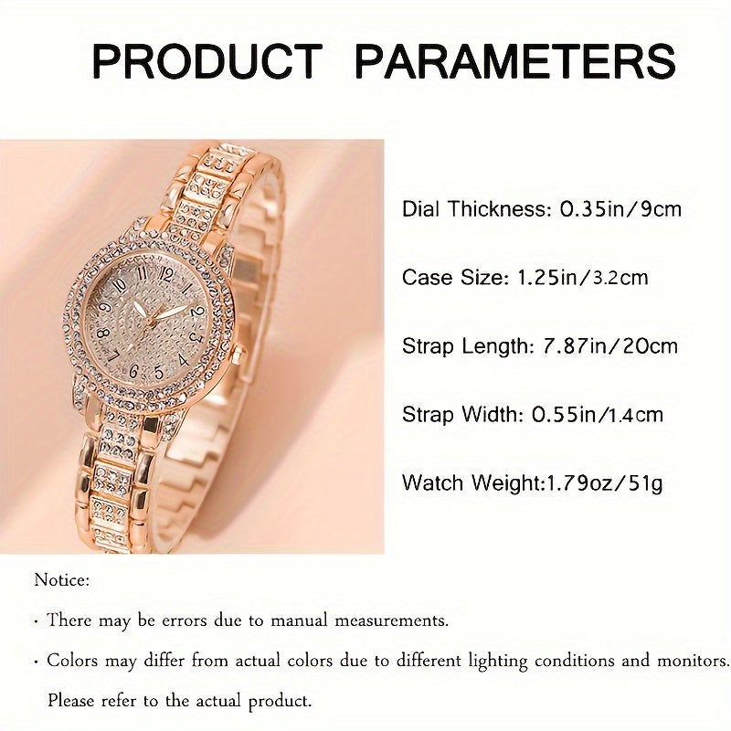 2pcs Women Watches Bracelet Golden Tone Alloy Quartz Watch Stylish Rhinestone Bling Dress Watch Wristwatches, For Xmas