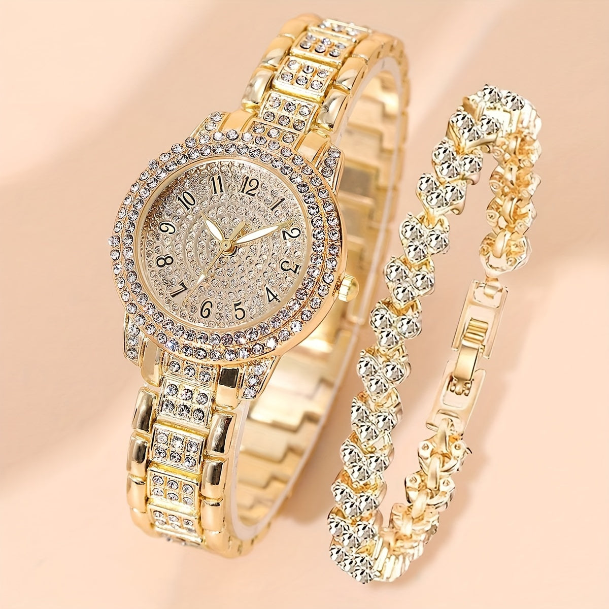 2pcs Women Watches Bracelet Golden Tone Alloy Quartz Watch Stylish Rhinestone Bling Dress Watch Wristwatches, For Xmas