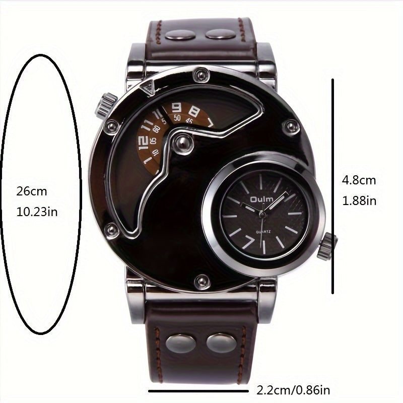 Oulm Unique Double Time Zone Sports Quartz Watch Male Clock Casual PU Leather Military Wristwatch Men's Watches, Ideal choice for Gifts