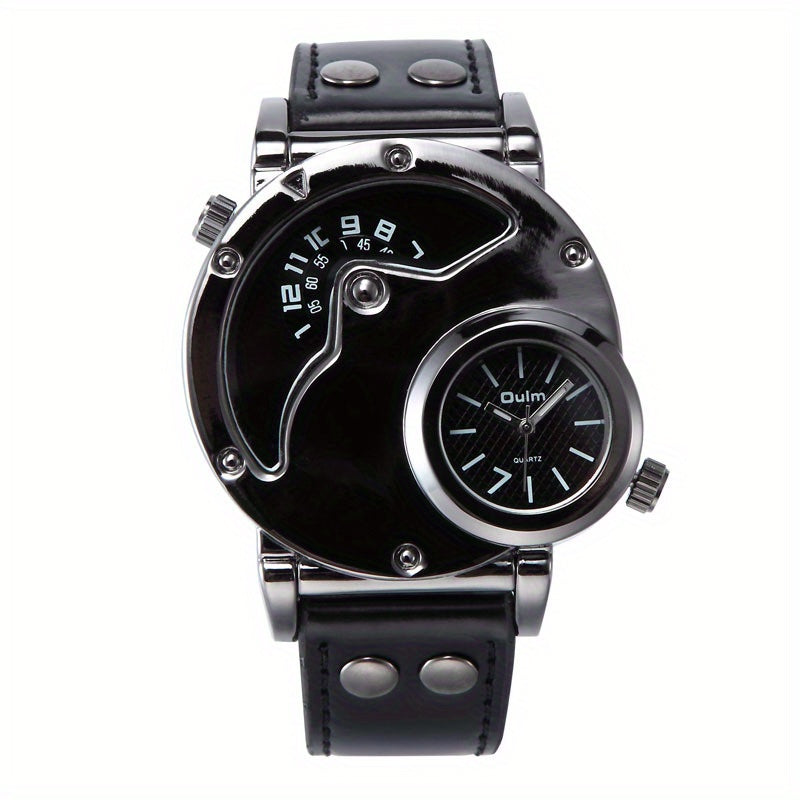 Oulm Unique Double Time Zone Sports Quartz Watch Male Clock Casual PU Leather Military Wristwatch Men's Watches, Ideal choice for Gifts