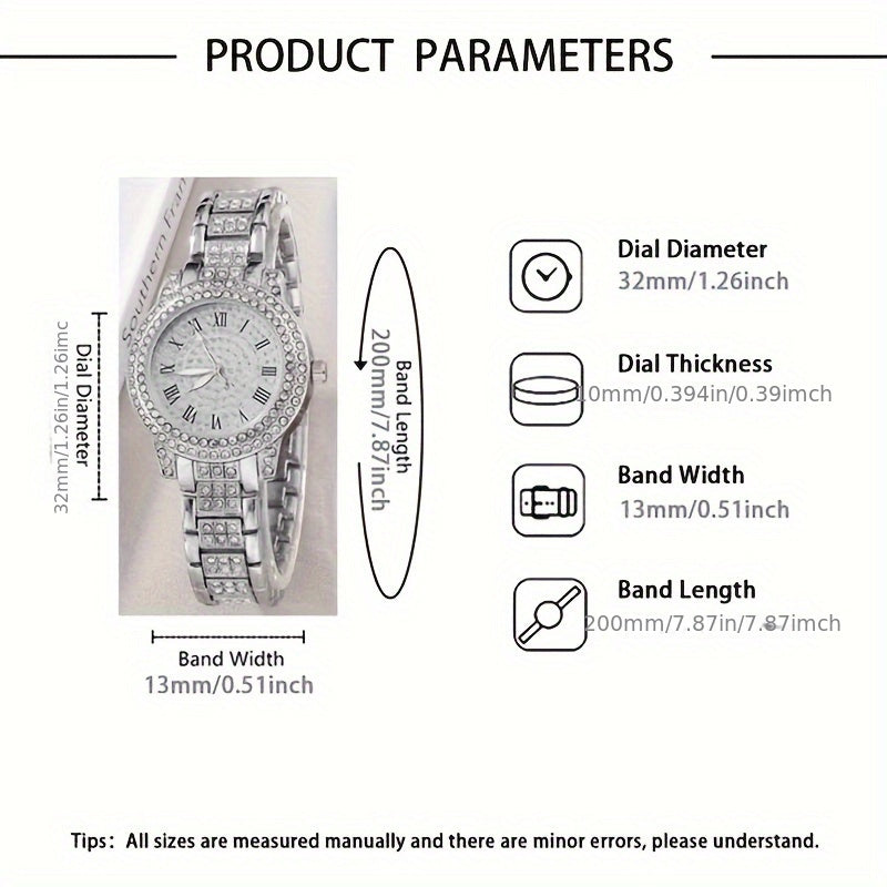 7pcs Rhinestone Encrusted Quartz Watches For Women Alloy Wrist Watch With Jewelry Set Great Gift For Her Mom Girlfriend Gifts For Eid
