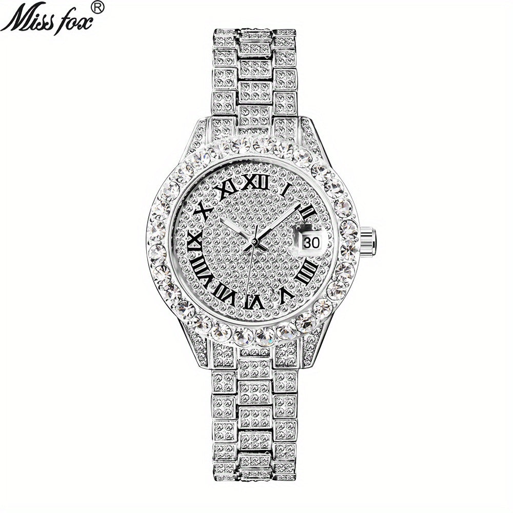 MISSFOX Women Watch Iced Out Shiny Diamond Fashion Elegant Small Case Dress Watches Fashion With Auto Calendar